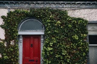 house in Ireland with a red door surrounded by green ivy