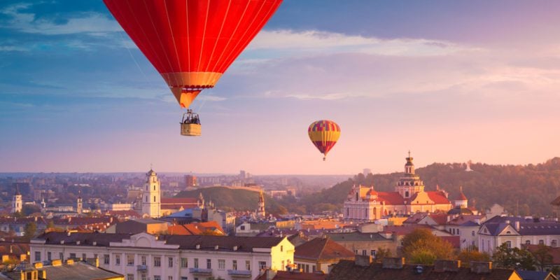Hot air balloons flying over Vilnius, Lithuania