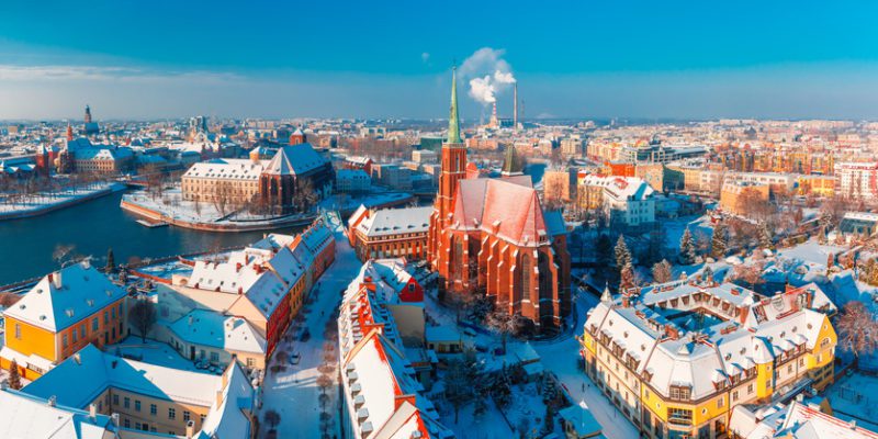 Aerial panorama of Wroclaw in the winter morning