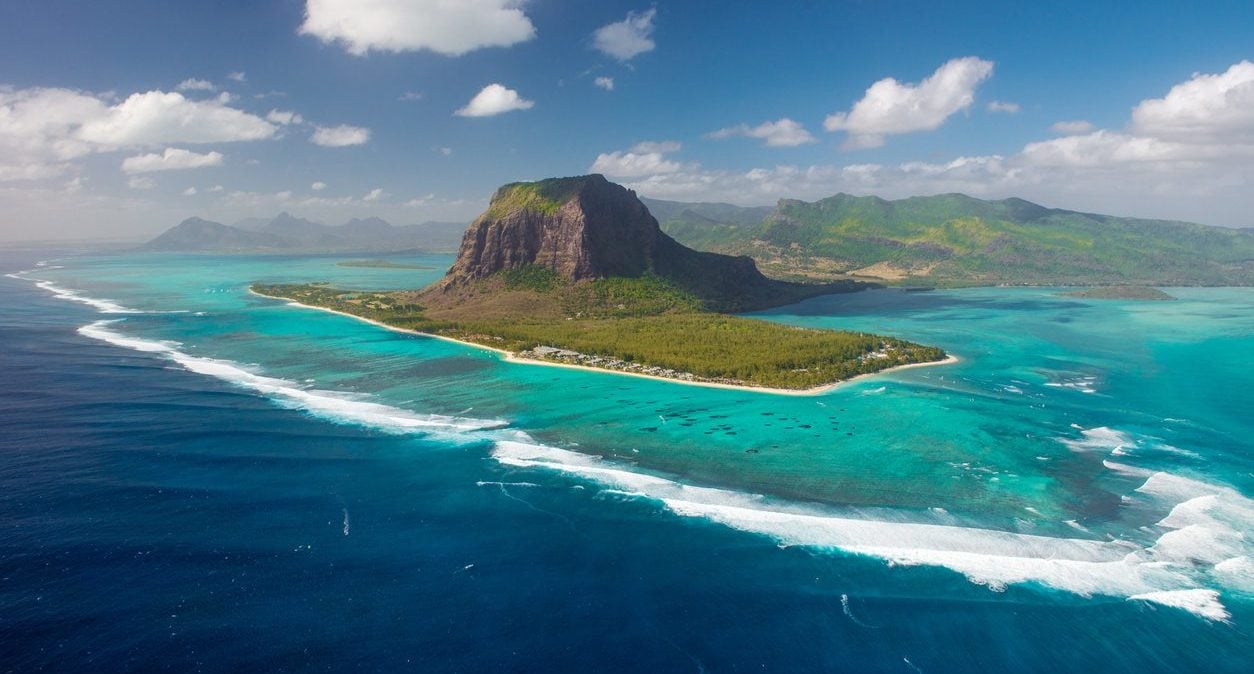 An aerial view of Le Morne mount on digital nomad visa-friendly, Mauritius