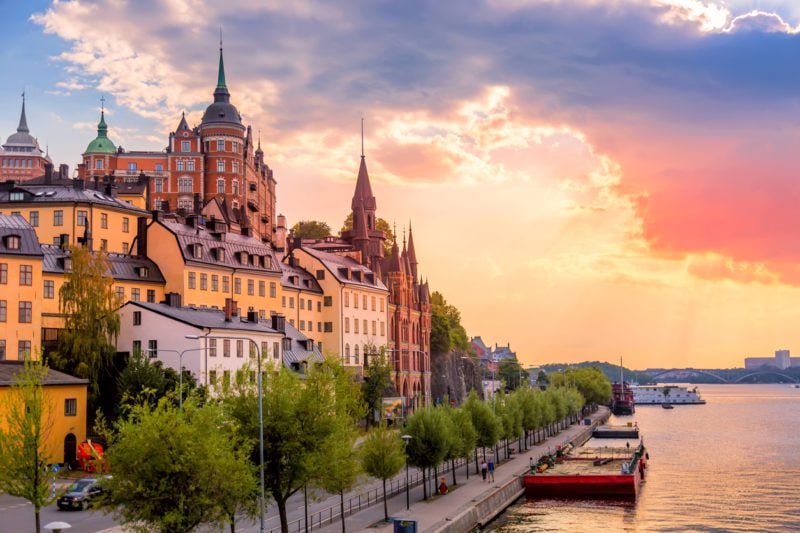 Scenic summer sunset view with colorful sky of the Old Town architecture in Sodermalm district in Stockholm, Sweden. 