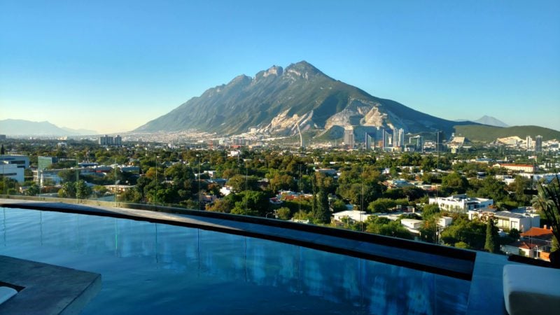 View of the Sierra Las Mitras from an infinity pool in Monterrey, Mexico