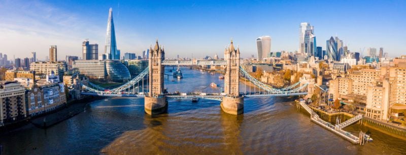 Aerial view of the Tower Bridge in London. One of London's most famous bridges and must-see landmarks in London. Beautiful panorama of London Tower Bridge.