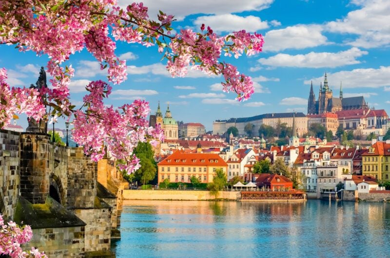Scenic Prague panorama with Hradcany castle and Vltava river in spring Czech Republic a scenic shot of Prague in spring with the Vltava river and castle the the background