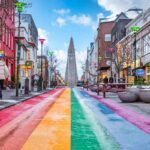 a rainbow painted street it Reykjavík, Iceland, one of the safest places to live in the world