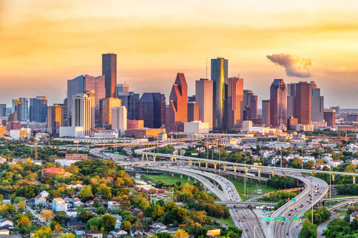 sunset skyline of Houston, Texas, which has one of the highest average cost of living in the U.S.