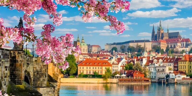 Scenic Prague panorama with Hradcany castle and Vltava river in spring Czech Republic a scenic shot of Prague in spring with the Vltava river and castle the the background